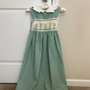 Green and White Kids Dress with Floral smocking